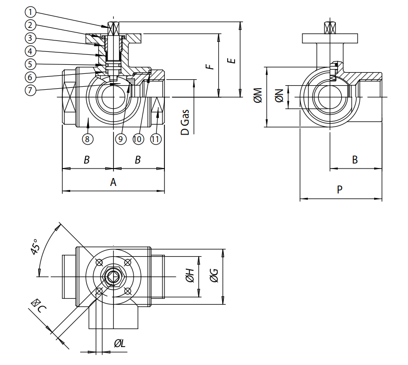 L型三通不銹鋼球閥 ITEM448 結構圖